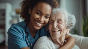 An elderly person sitting comfortably while discussing a care plan with a staff member at a table.